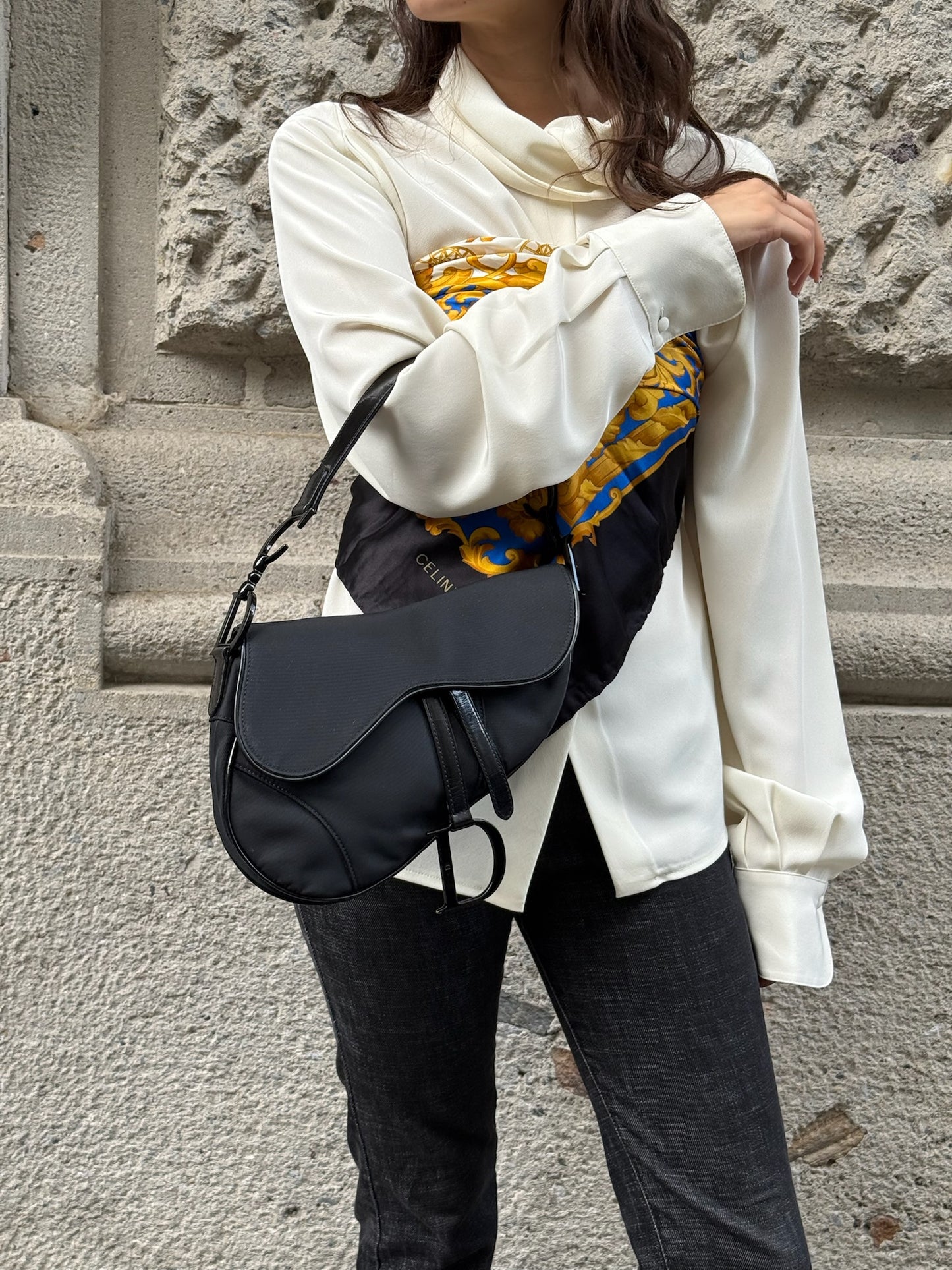 117. Christian Dior Saddle Black Nylon Vintage Shoulder Bag