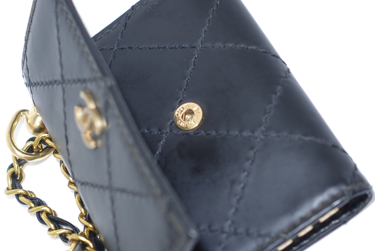 122. Re-Worked Chanel Timeless Mini Keychain Quilted Black Leather W.O.C.