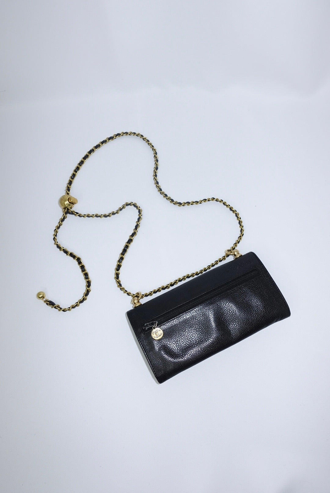 127. Chanel Re-Worked Vintage Long Flap W.O.C. Black Caviar CC logo