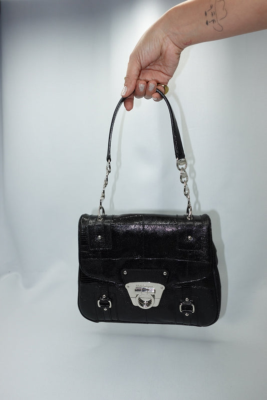 salvatore ferragamo black handbag silver hardware