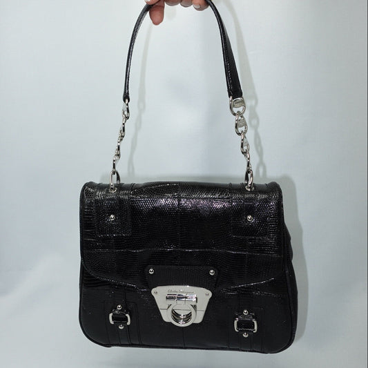 salvatore ferragamo black handbag silver hardware