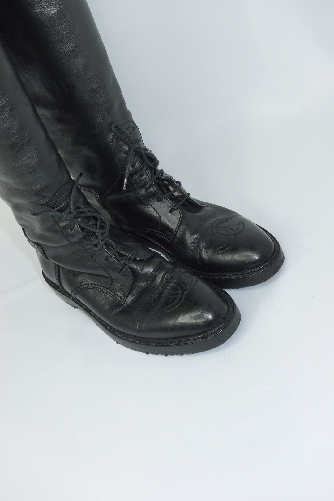 Chanel Vintage Black Leather Thigh-High Boots with Embroidered CC Interlocking Logo
