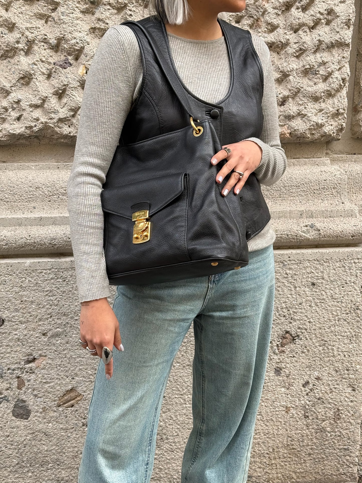 003. MIU MIU Vitello Phenix Front Pocket Tote Black Bag