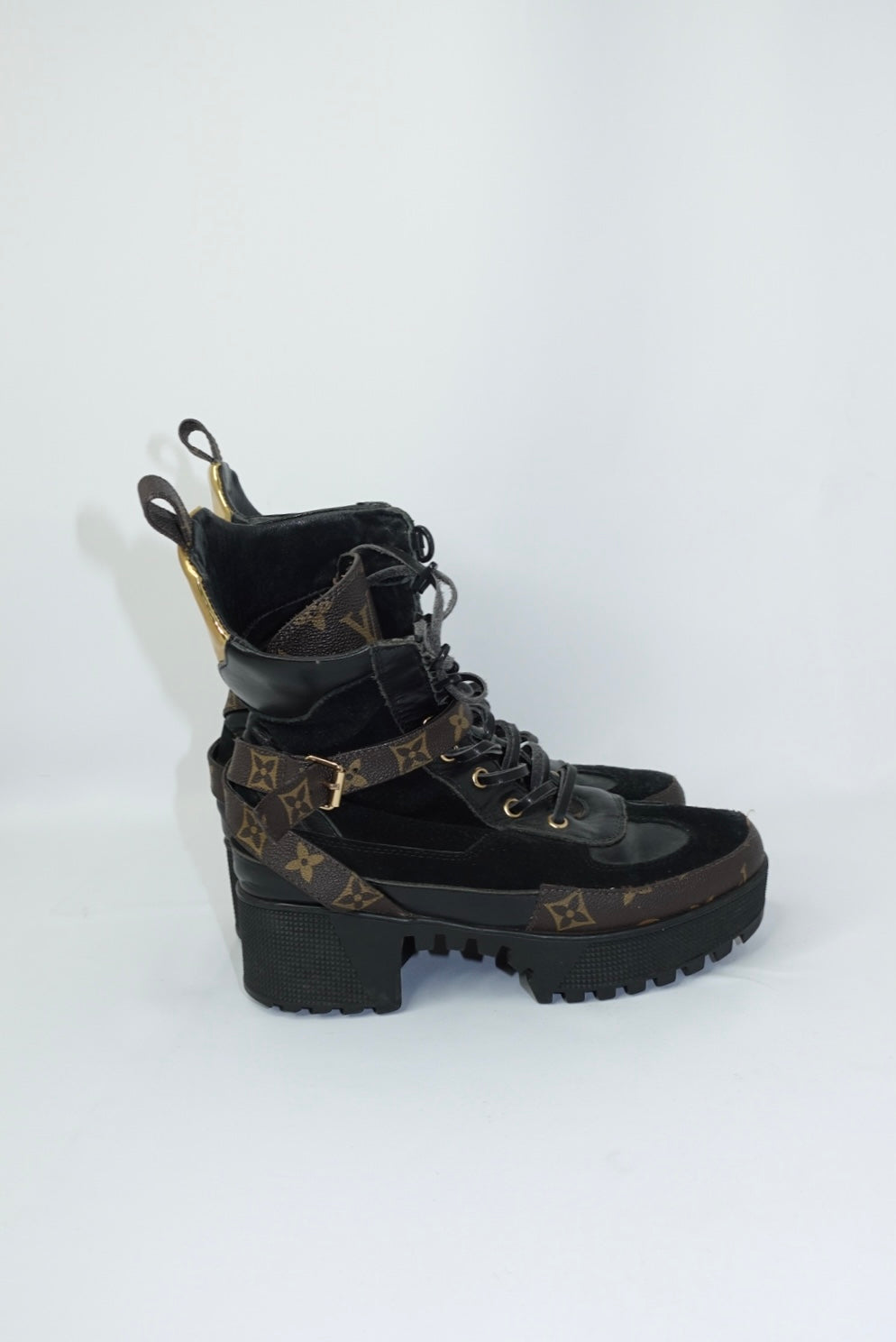 Louis Vuitton Monogram Black Leather and Suede Combat Boots
