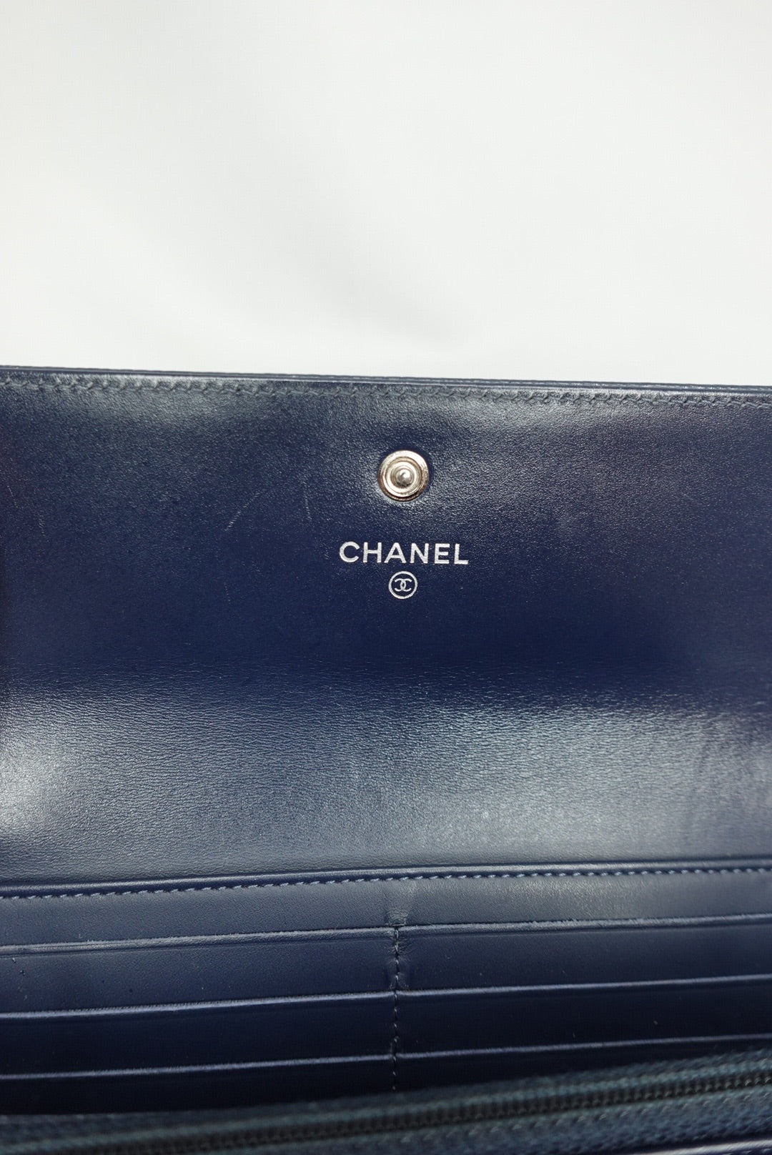 017. Chanel Re-Worked Flap W.O.C. Blue Navy CC logo
