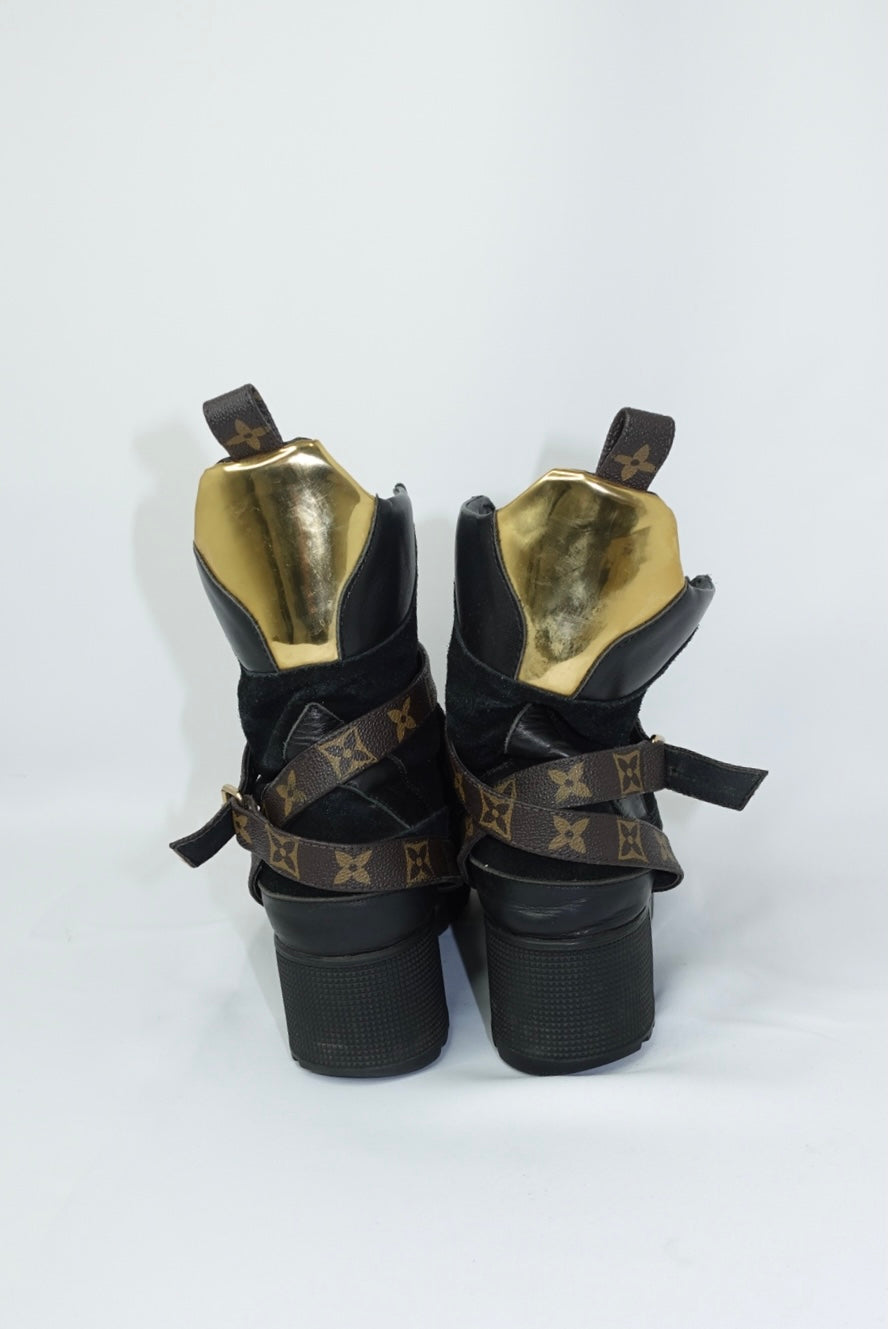 Louis Vuitton Monogram Black Leather and Suede Combat Boots