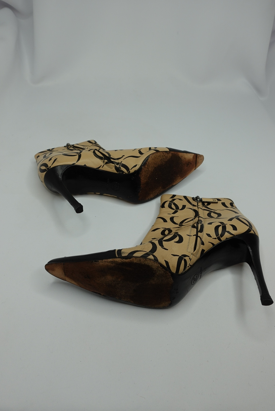 041. Chanel Vintage Heeled Ankle Boots with CC Logo Print