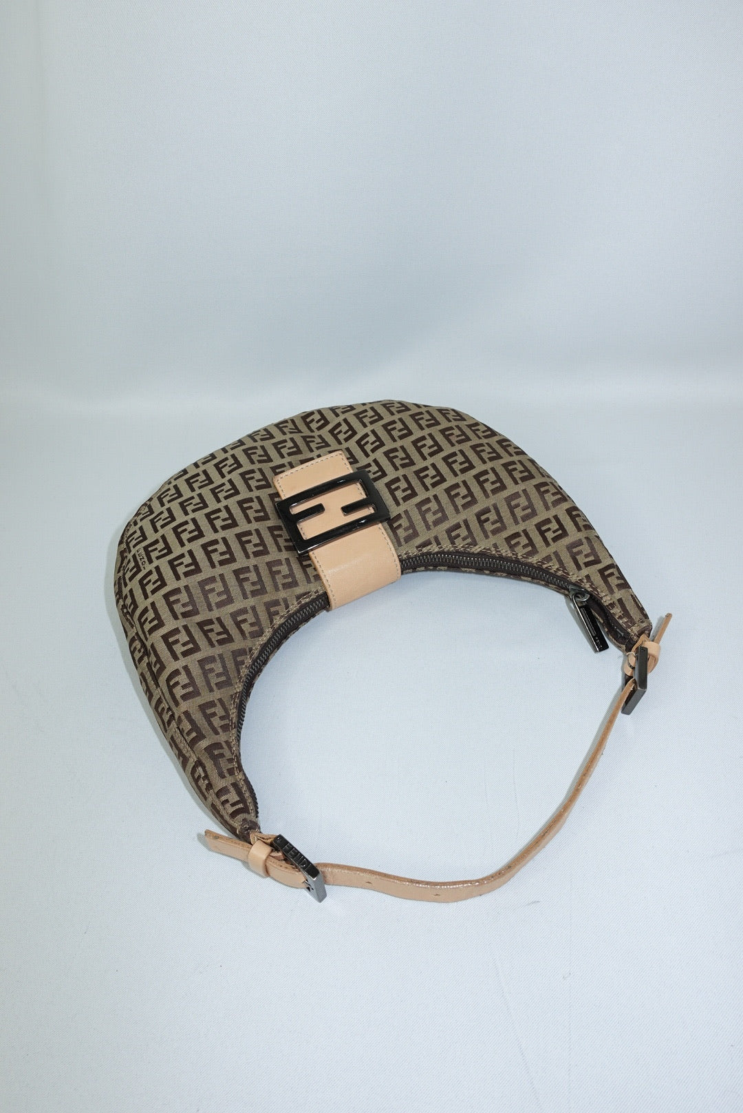 110. Fendi Zucchini Vintage Hobo Brown Canvas Monogram Croissant Bag