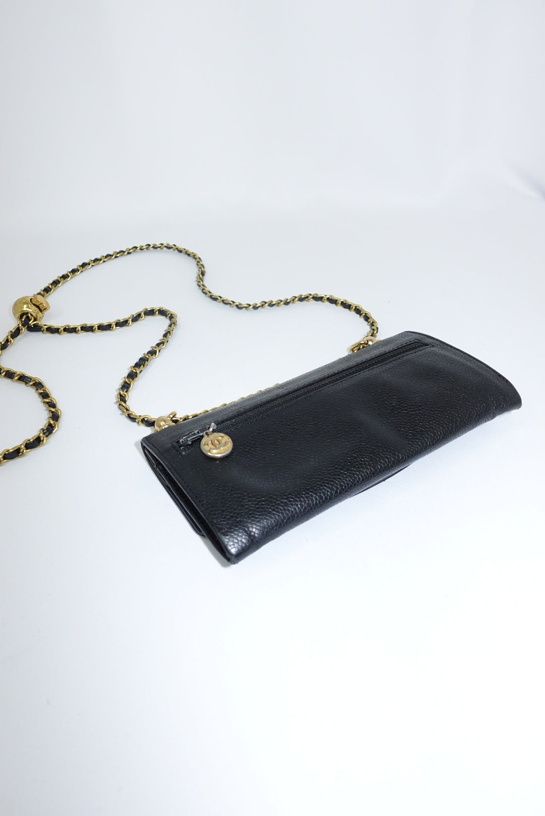 127. Chanel Re-Worked Vintage Long Flap W.O.C. Black Caviar CC logo