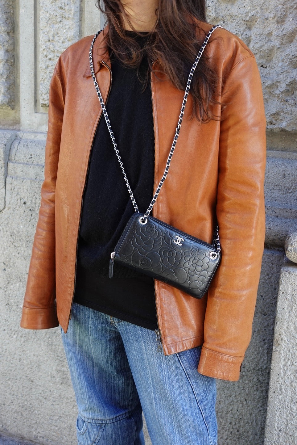 019. Re-Worked Chanel Zip Black W.O.C. Silver Hardware Limited Edition Camelia