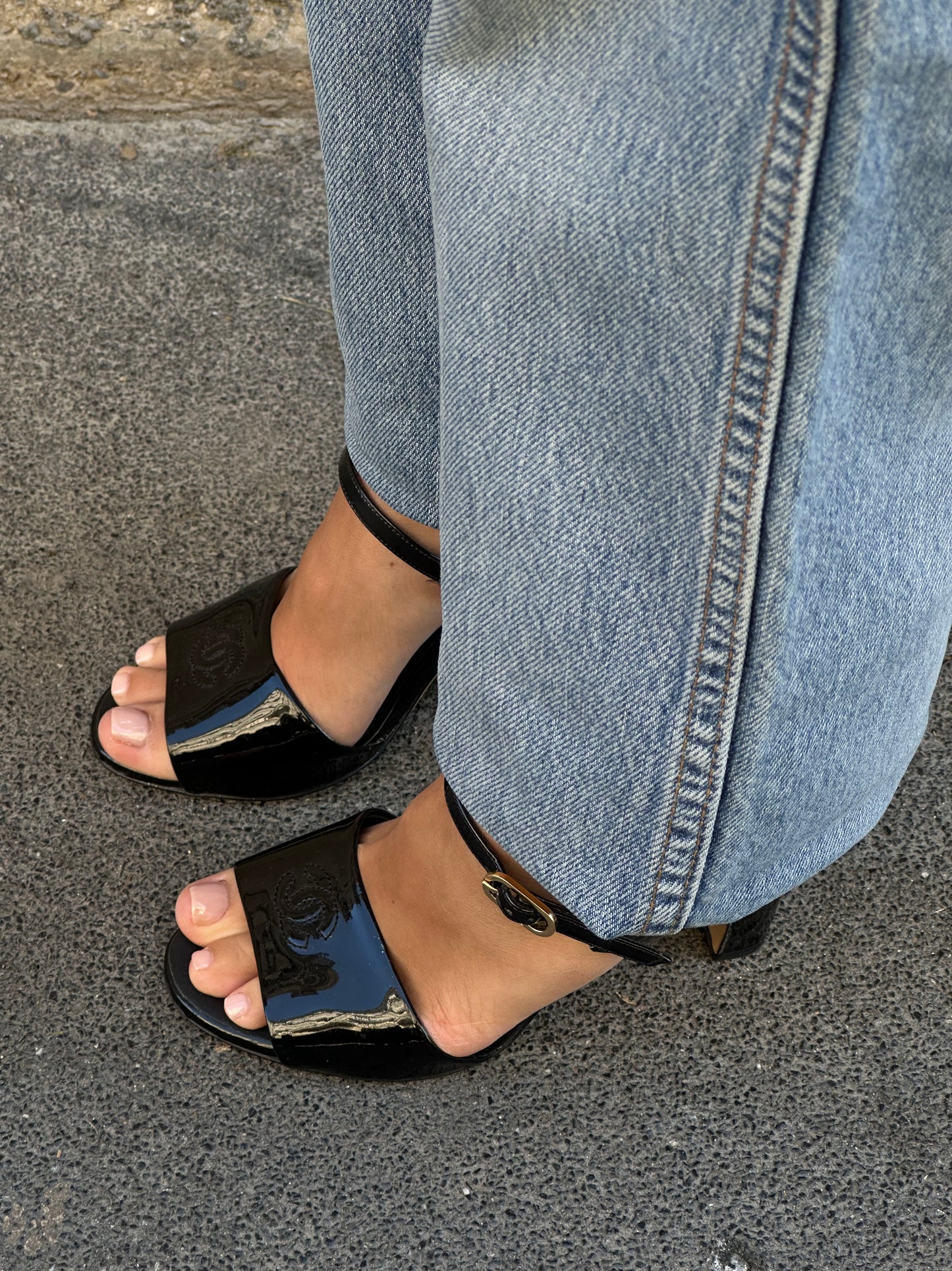 Chanel Vintage Black Patent Slingback Heel Sandals 38