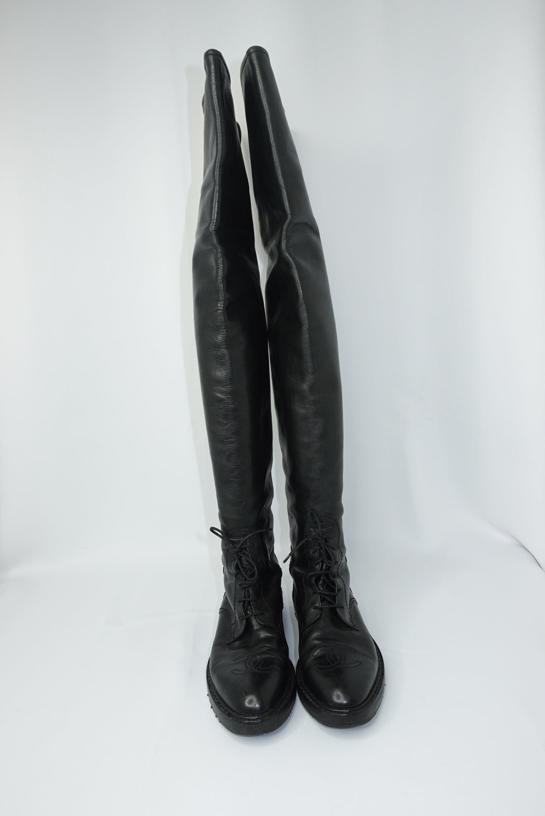 Chanel Vintage Black Leather Thigh-High Boots with Embroidered CC Interlocking Logo