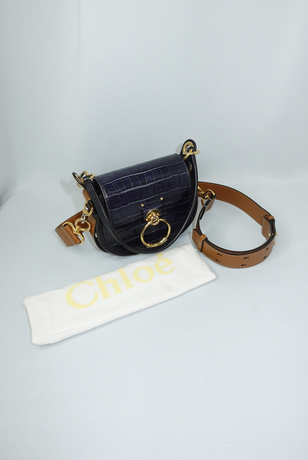 120. Chloé Tess Navy and Gold Shoulder Bag