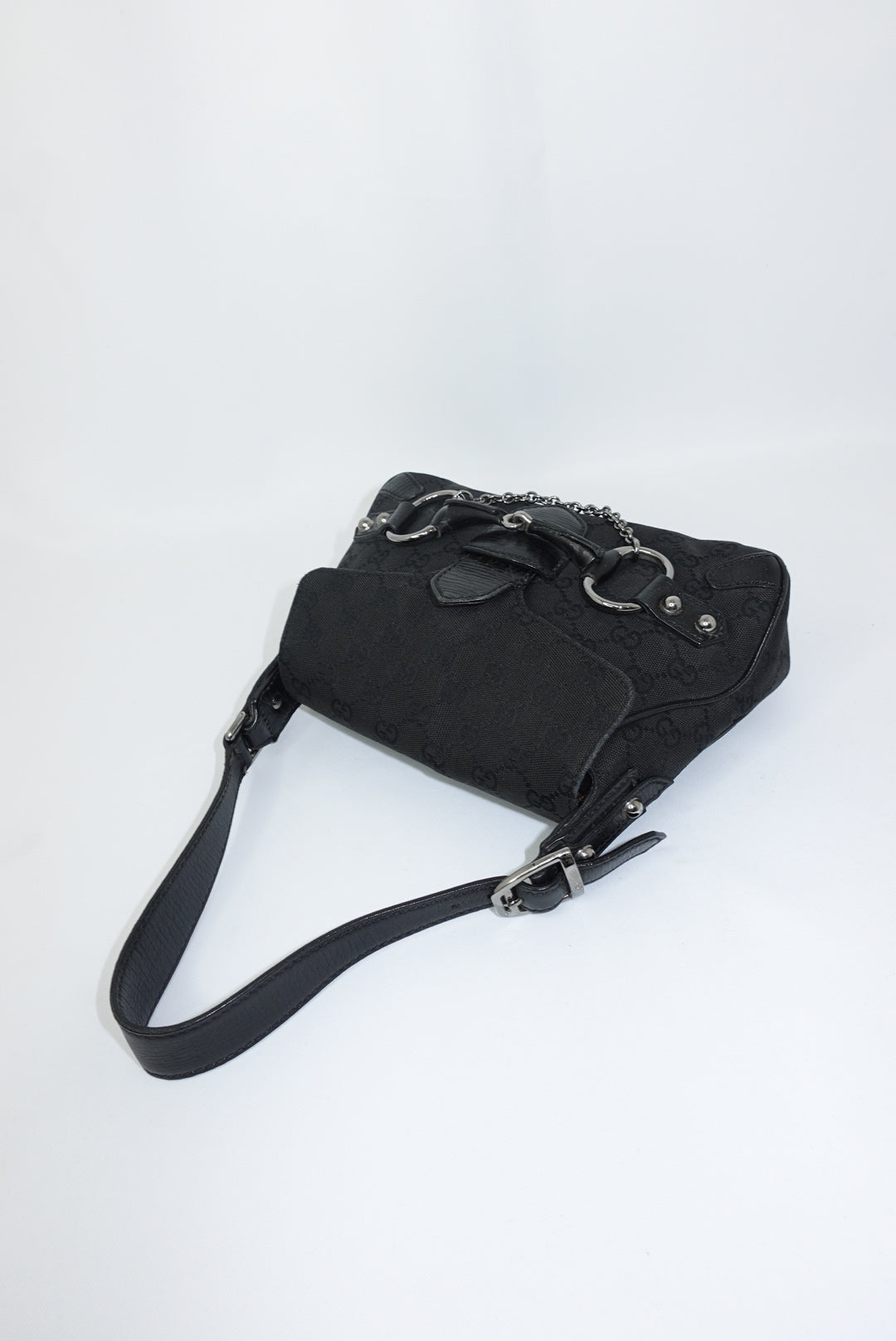 Gucci Horsebit Chain Vintage Black Canvas and Leather Shoulder Bag