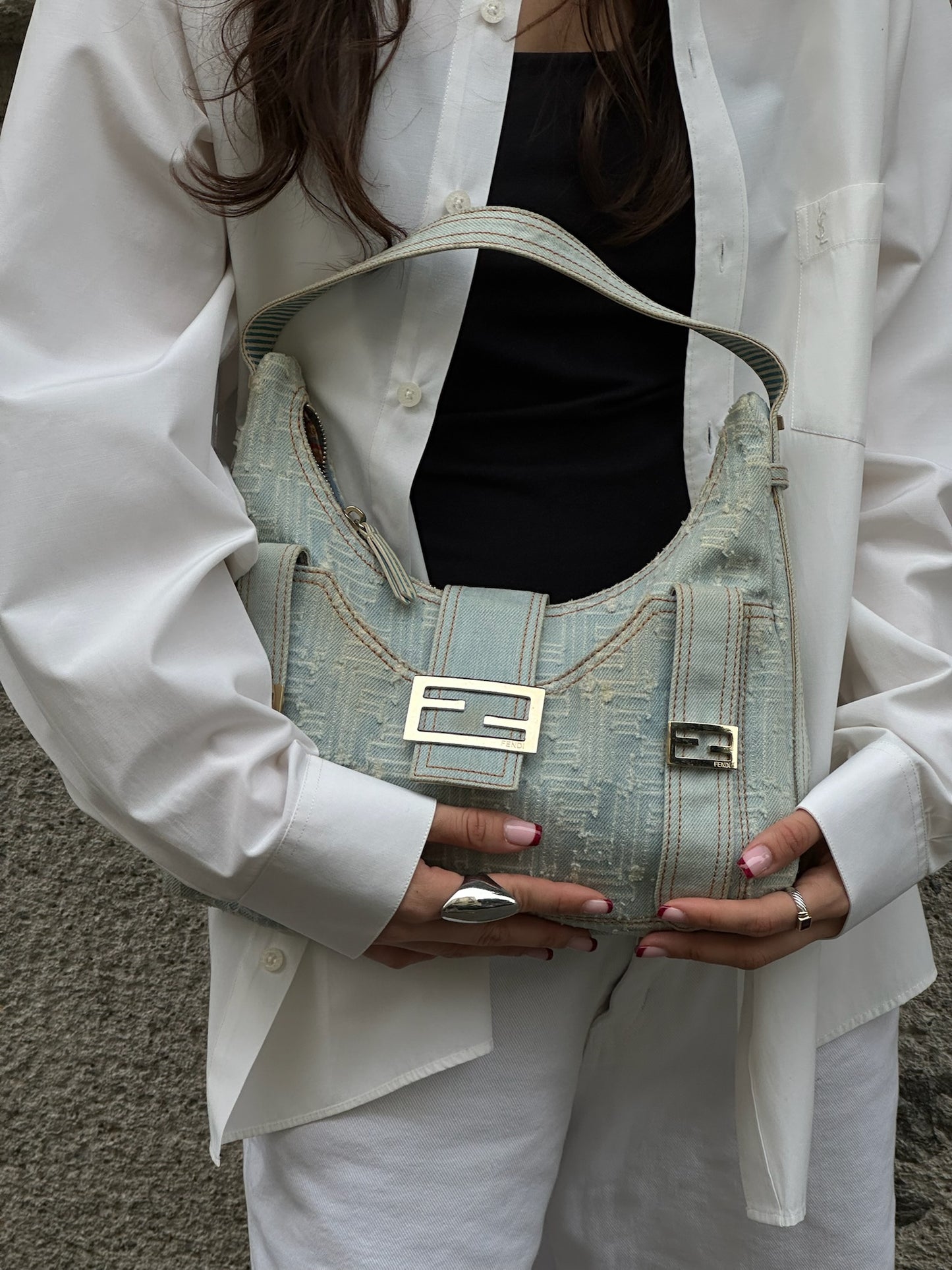 Fendi FF Zucca Light Wash Denim Hobo Bag