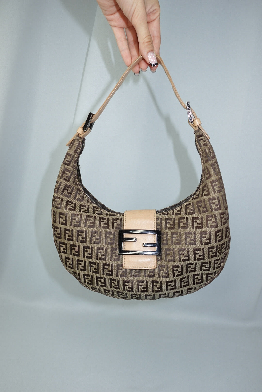 110. Fendi Zucchini Vintage Hobo Brown Canvas Monogram Croissant Bag