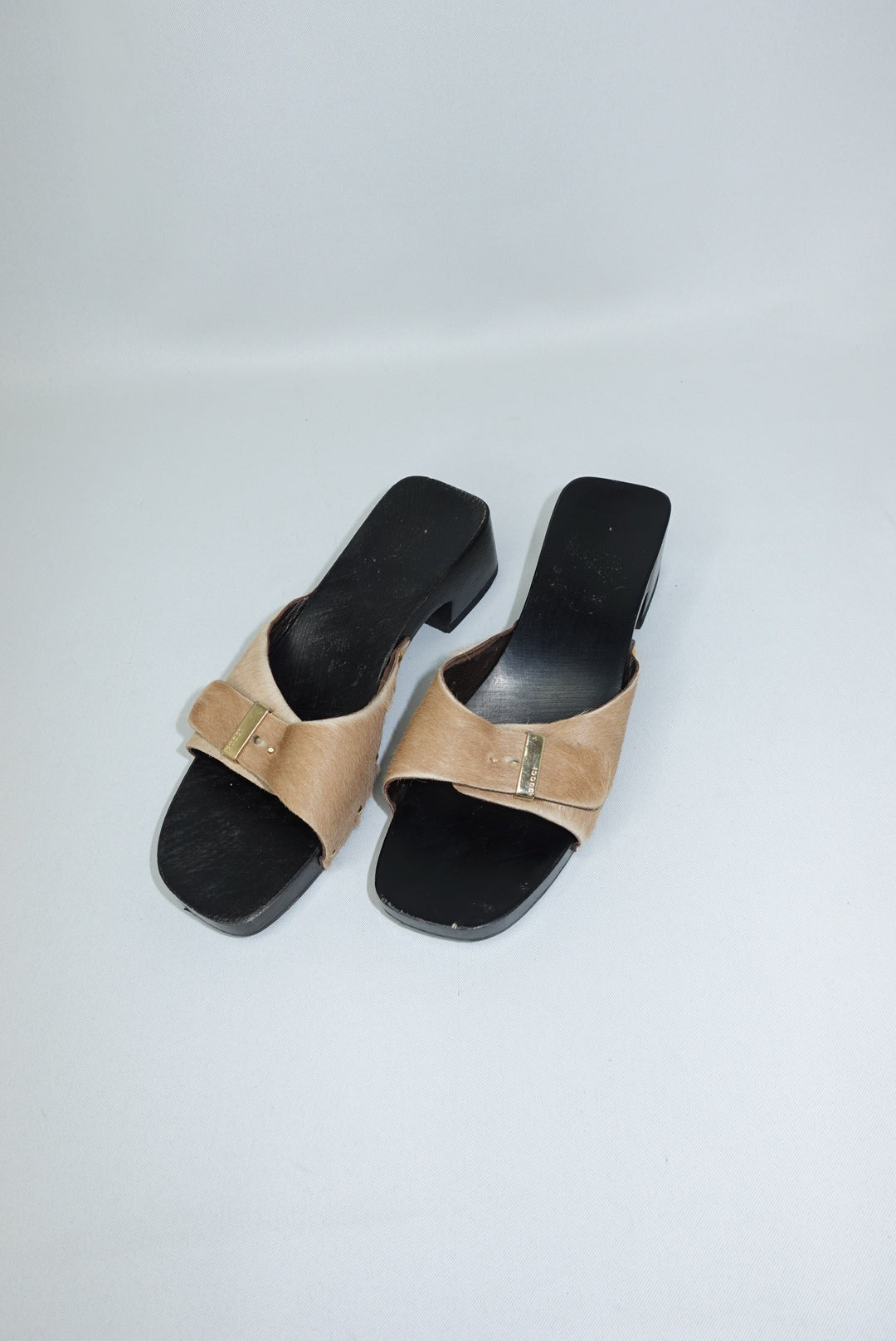 Gucci Vintage Pony Hair Beige and Gold Clogs 38