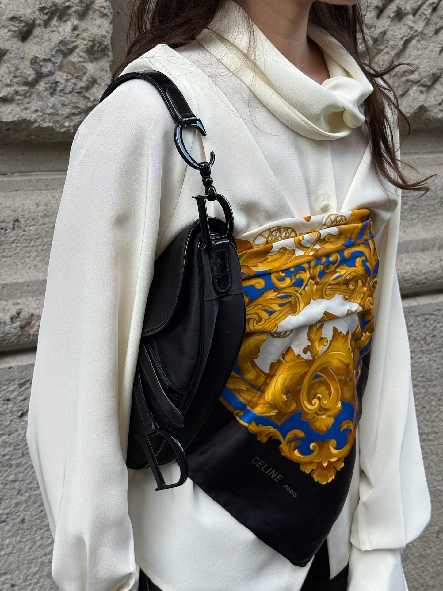 139. Vintage Celine Gold and Black Scarf