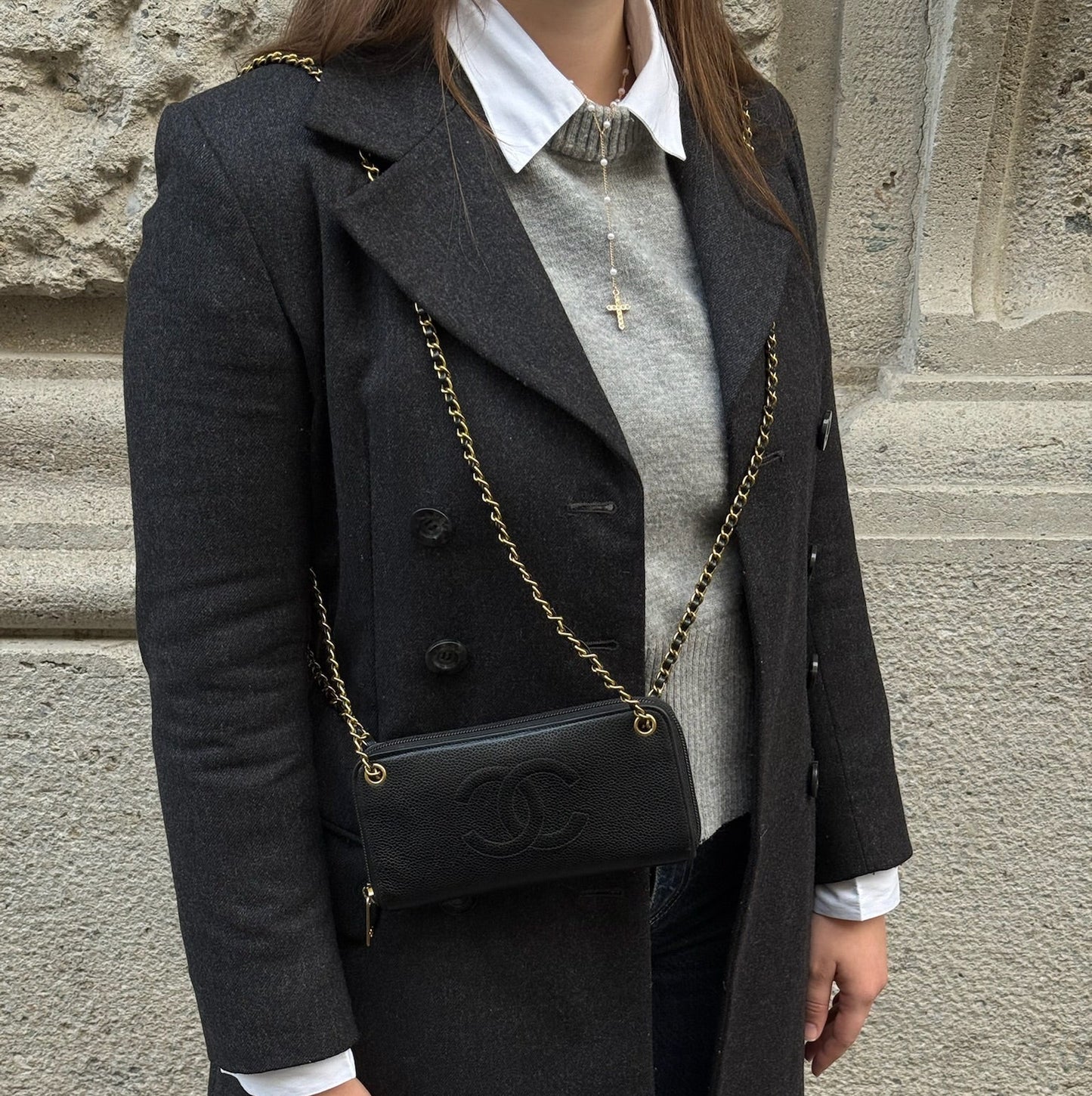 Portafoglio Chanel Re-Worked Zip Vintage nero con logo CC intrecciato e catena