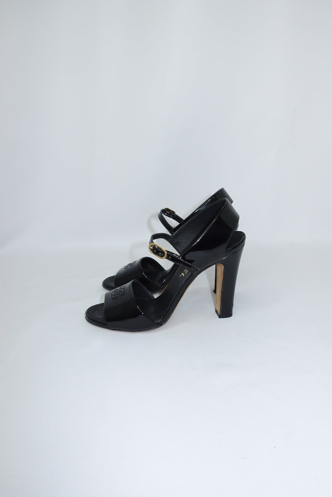 Chanel Vintage Black Patent Slingback Heel Sandals 38