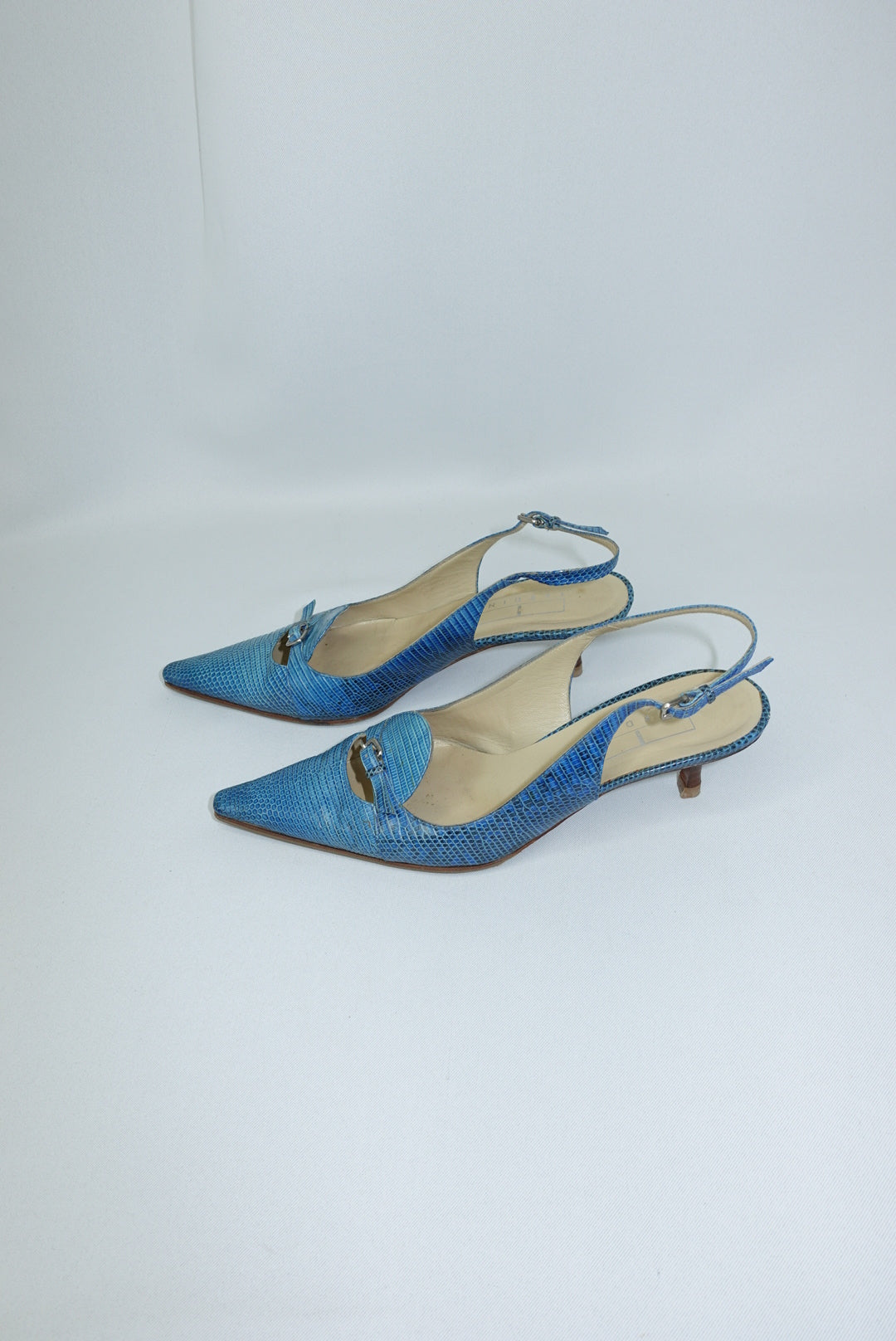 Cerulean Blue Vintage Pointed Toe Lizard Kitten Heels 37