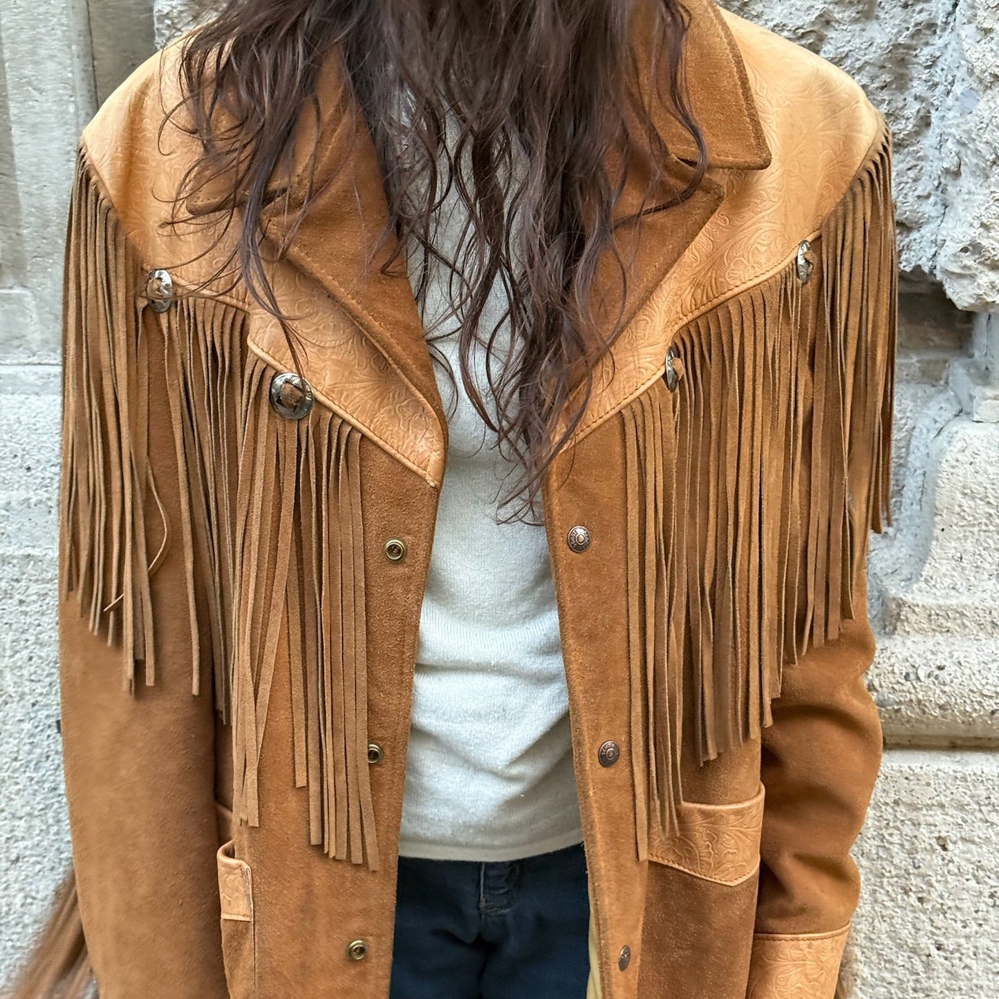 Giacca western con frange in pelle scamosciata vintage beige