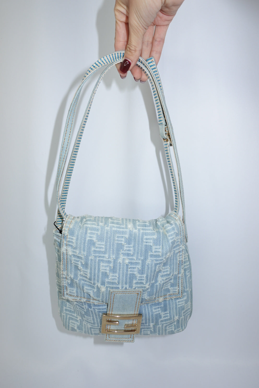 Fendi Zucca Vintage Denim Long Baguette Crossbody Bag