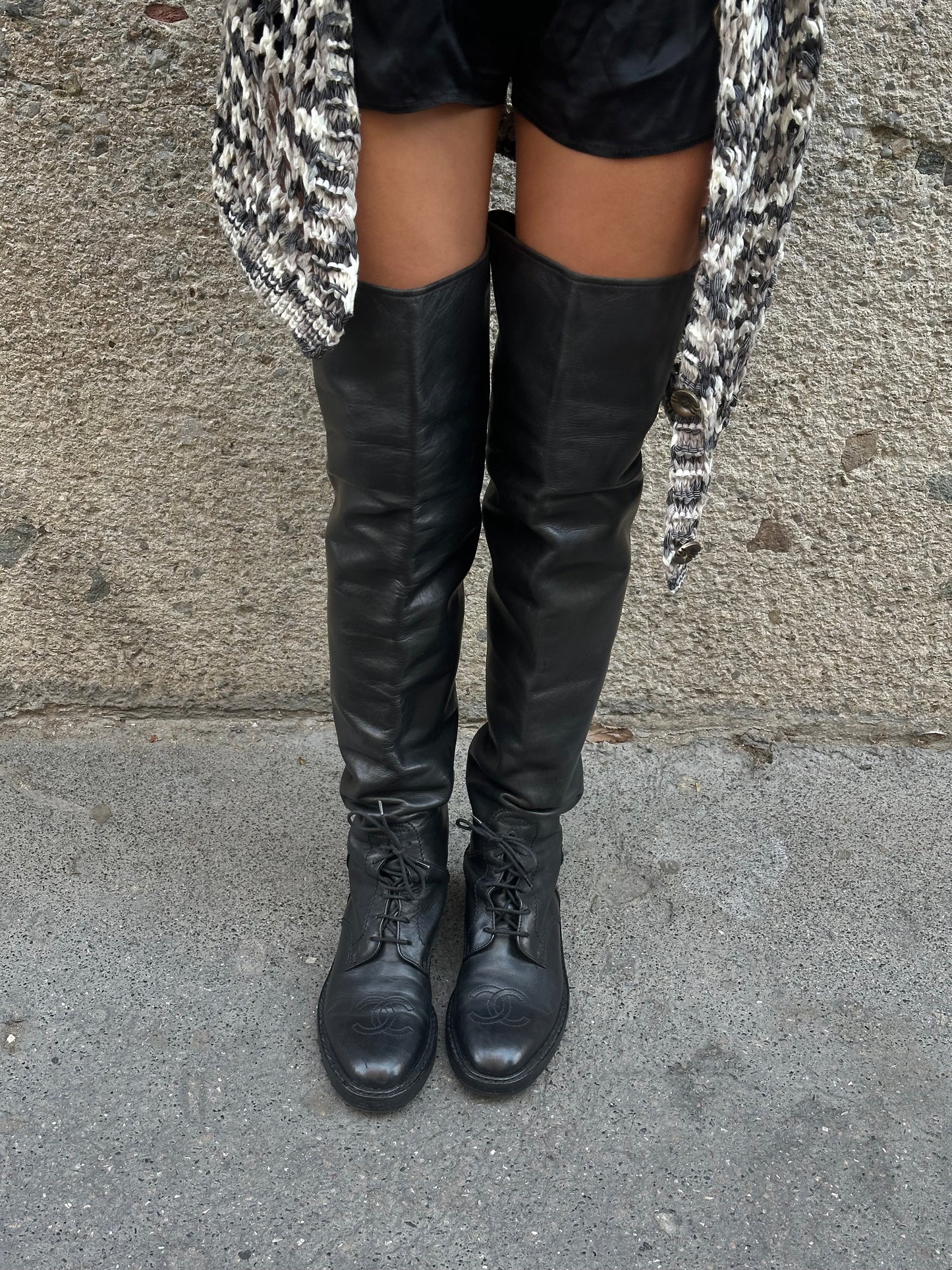 Chanel Vintage Black Leather Thigh-High Boots with Embroidered CC Interlocking Logo