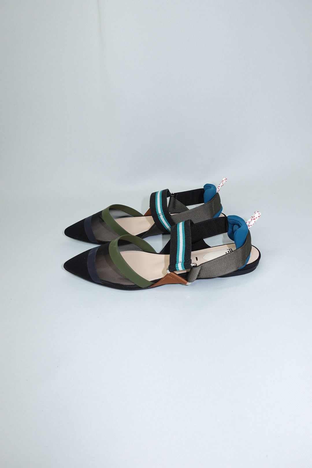 076. Fendi Colibri Mesh Pointed-Toe Blue and Green Ballerina Shoes 36