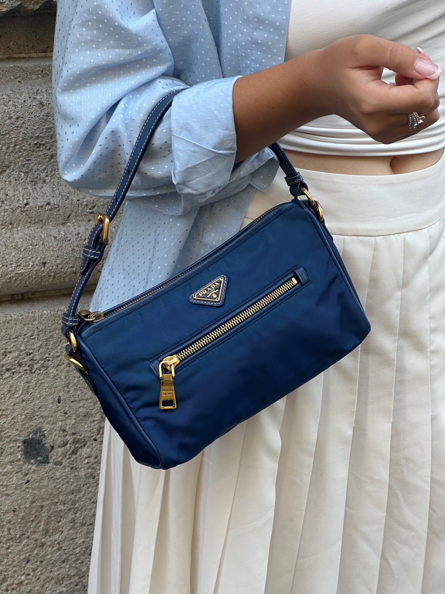 Prada Nylon Navy and Gold Shoulder Bag Y2K