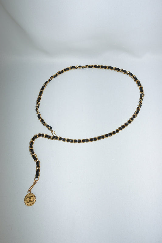 Chanel gold chain belt with black leather and medallion charm