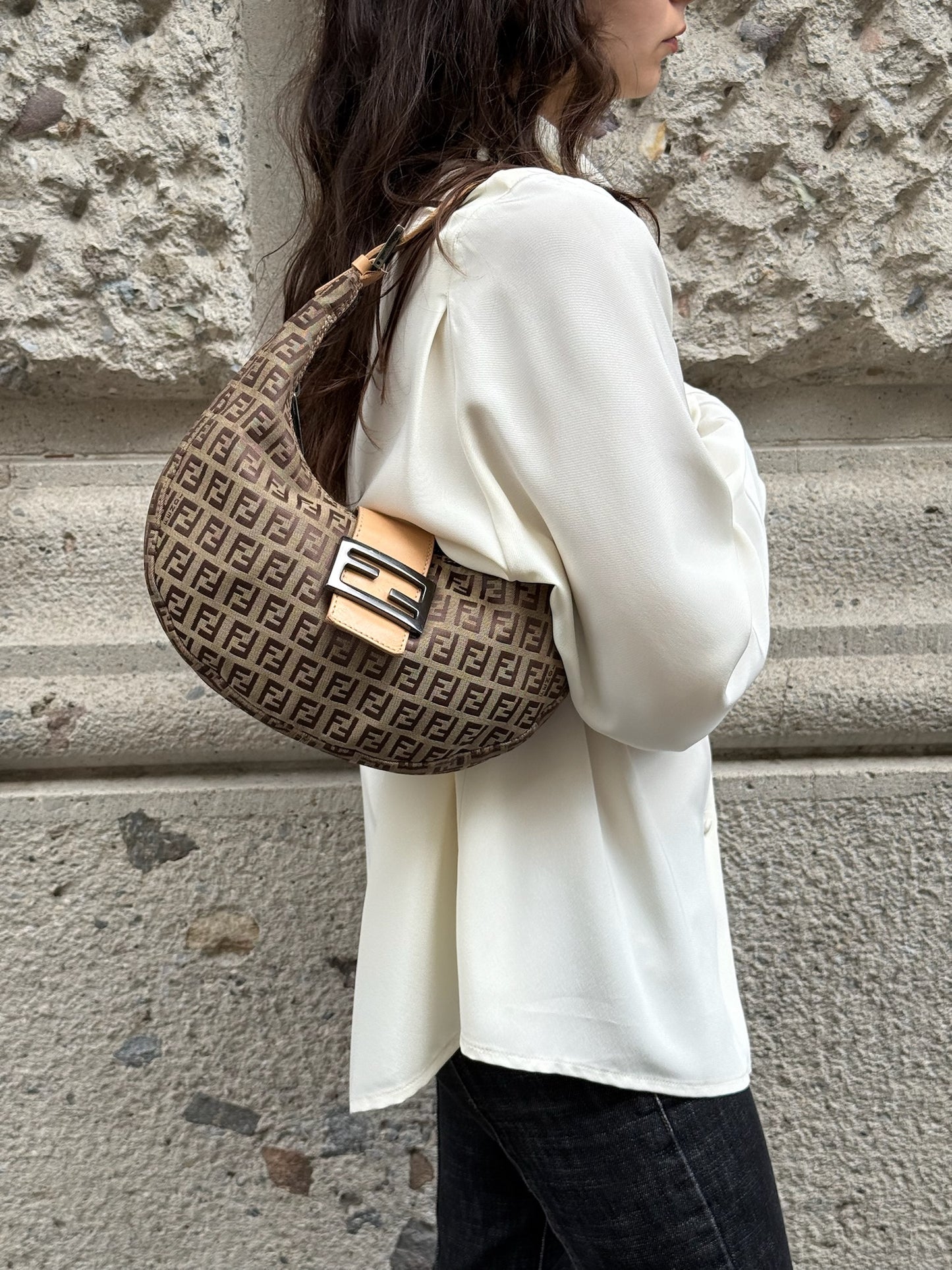 110. Fendi Zucchini Vintage Hobo Brown Canvas Monogram Croissant Bag