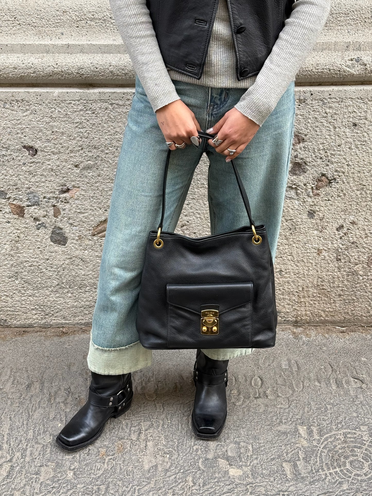 003. MIU MIU Vitello Phenix Front Pocket Tote Black Bag