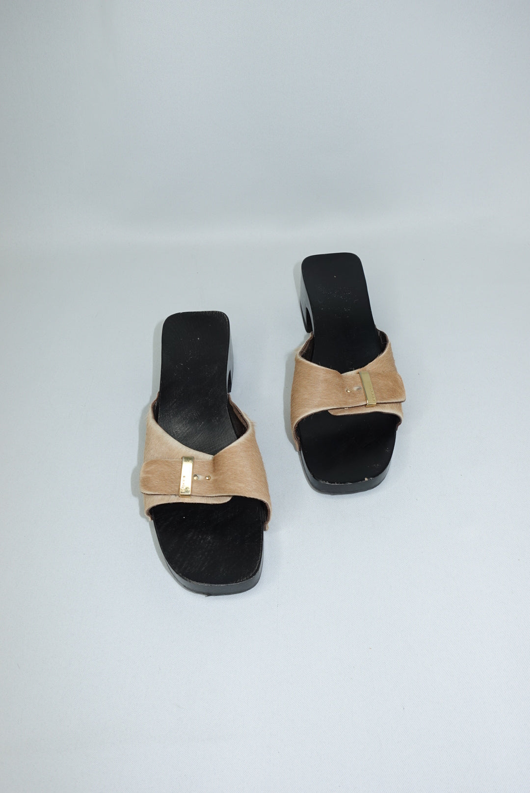 Gucci Vintage Pony Hair Beige and Gold Clogs 38