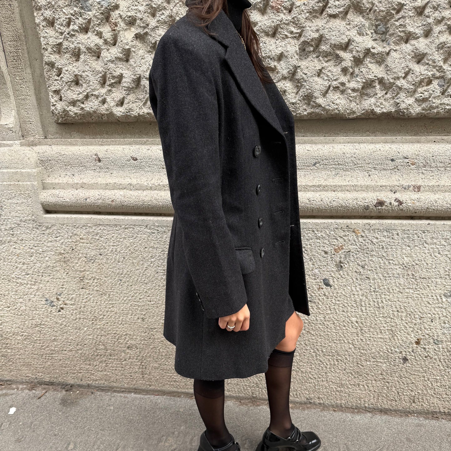Completo blazer doppiopetto e gonna in lana grigio scuro vintage Dolce & Gabbana