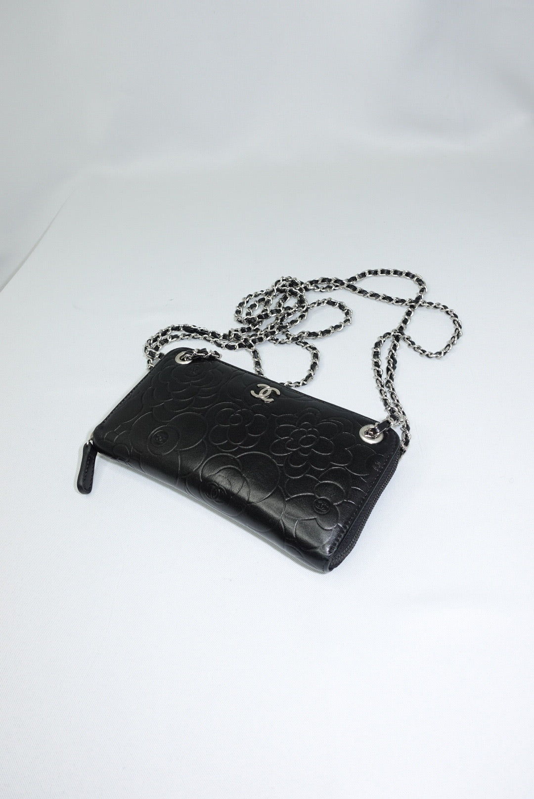 019. Re-Worked Chanel Zip Black W.O.C. Silver Hardware Limited Edition Camelia