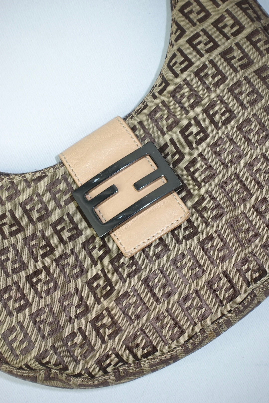 110. Fendi Zucchini Vintage Hobo Brown Canvas Monogram Croissant Bag