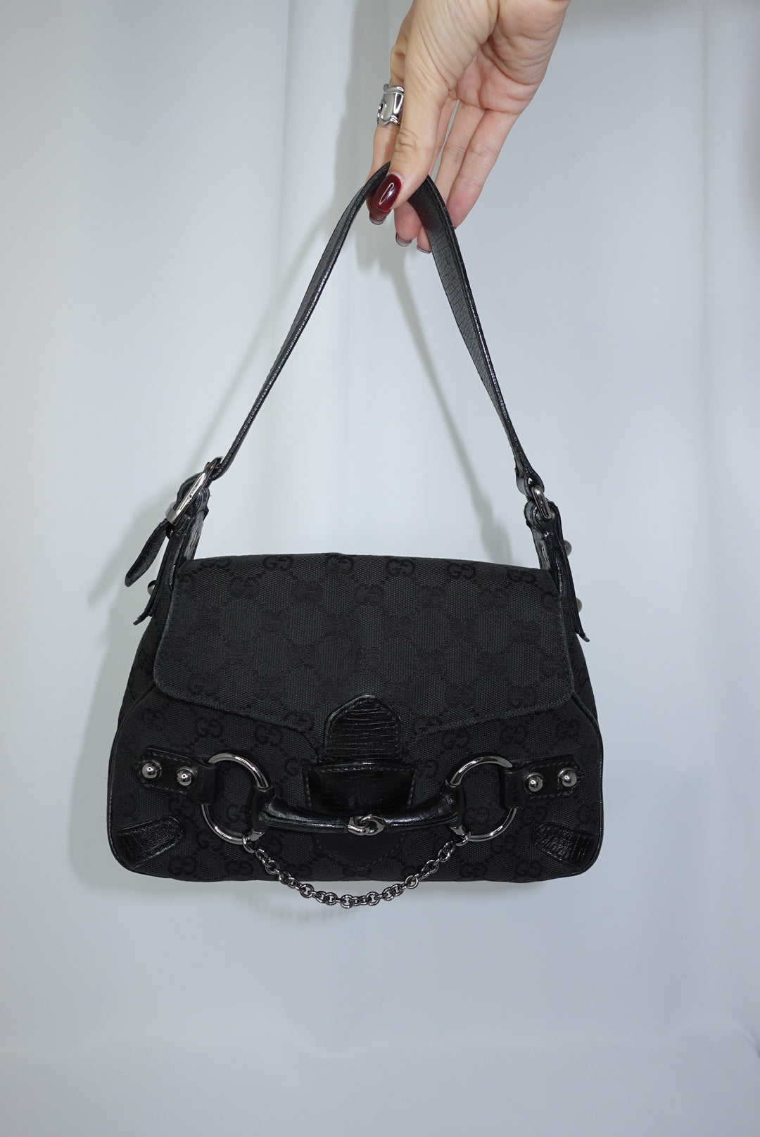 Gucci Horsebit Chain Vintage Black Canvas and Leather Shoulder Bag