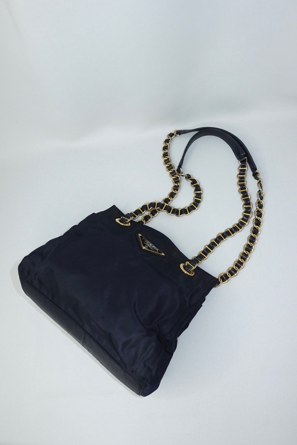 Prada Nylon Navy Gold Toned Chain Shoulder Bag