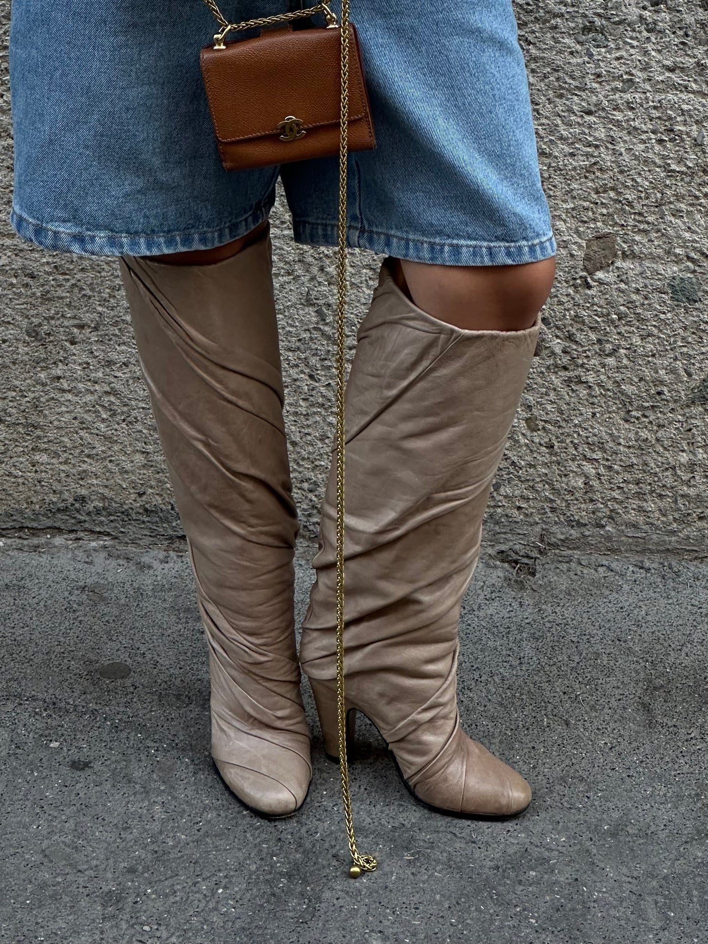 Margiela Draped Knee-High Round Toe Beige Leather Boots