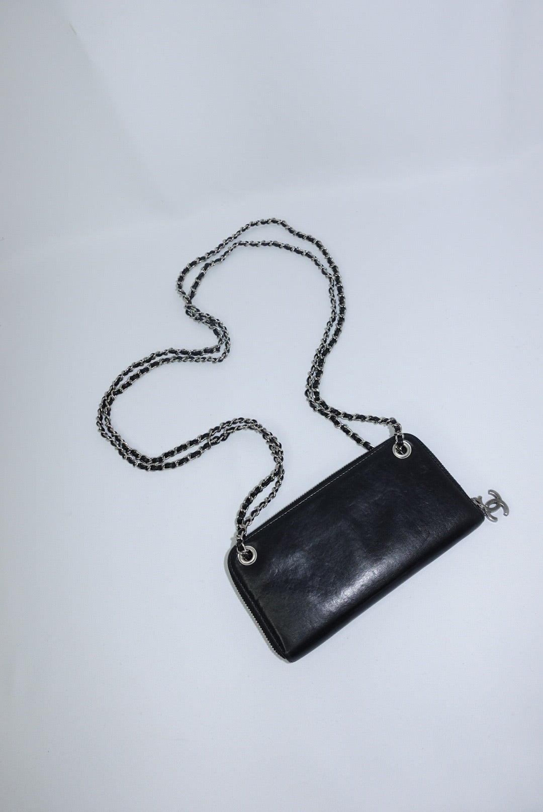170. Chanel Re-Worked Zip Vintage W.O.C Black CC Chain Interlocking Logo