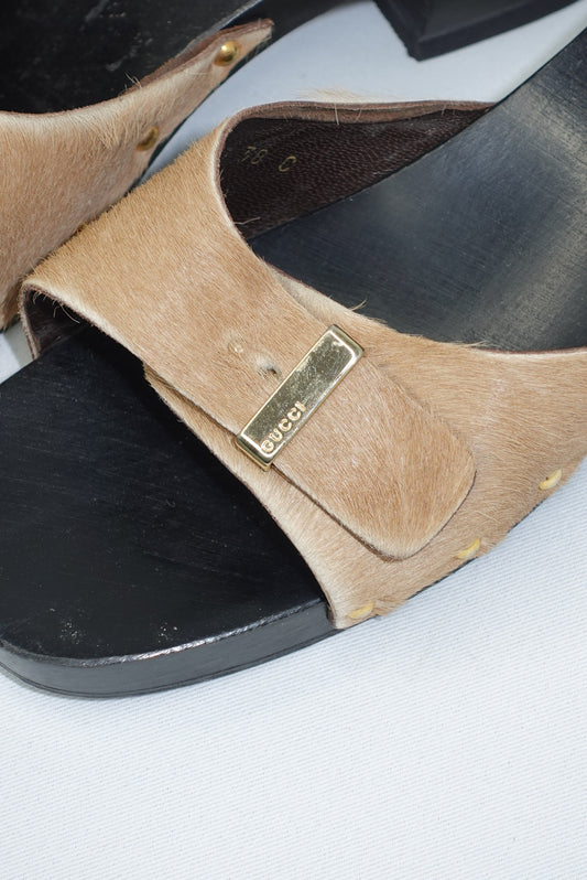 Gucci Vintage Pony Hair Beige and Gold Clogs 38