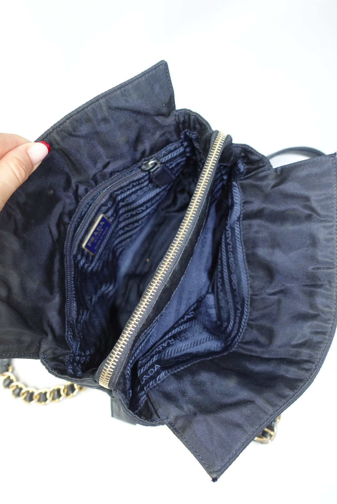 Prada Nylon Navy Gold Toned Chain Shoulder Bag
