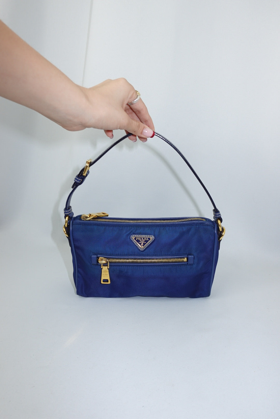 Prada Nylon Navy and Gold Shoulder Bag Y2K
