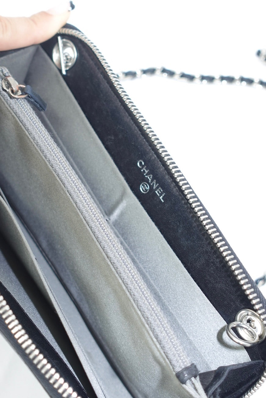 170. Chanel Re-Worked Zip Vintage W.O.C Black CC Chain Interlocking Logo