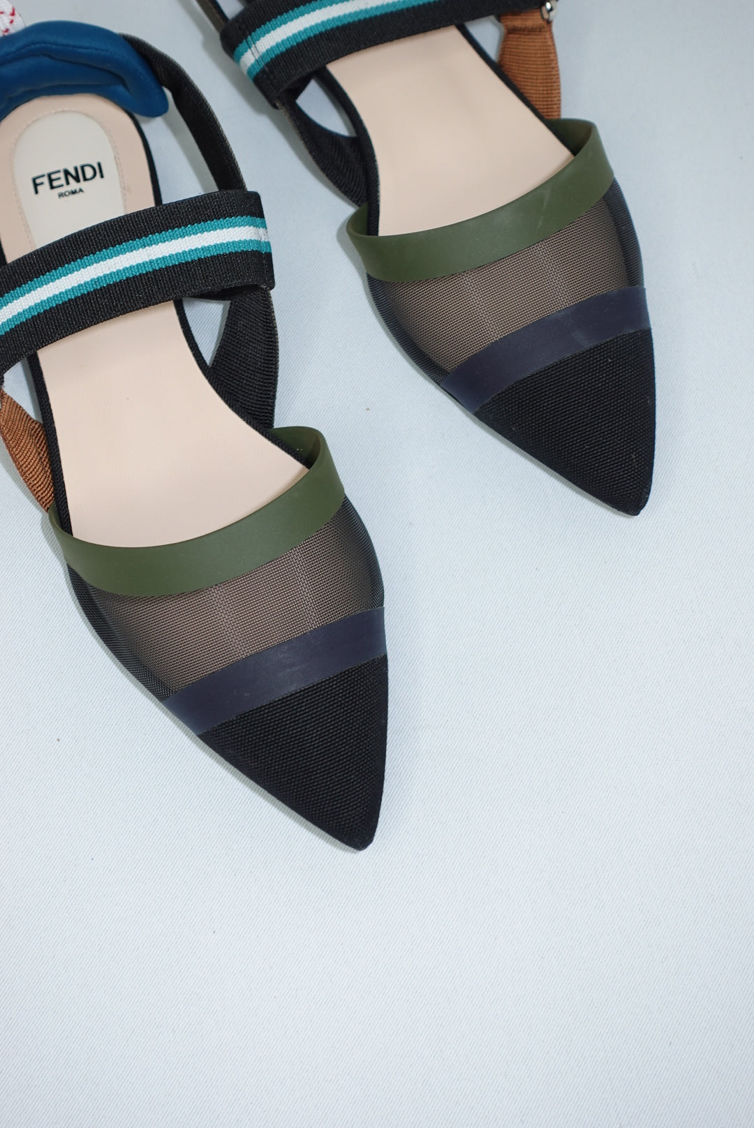 076. Fendi Colibri Mesh Pointed-Toe Blue and Green Ballerina Shoes 36