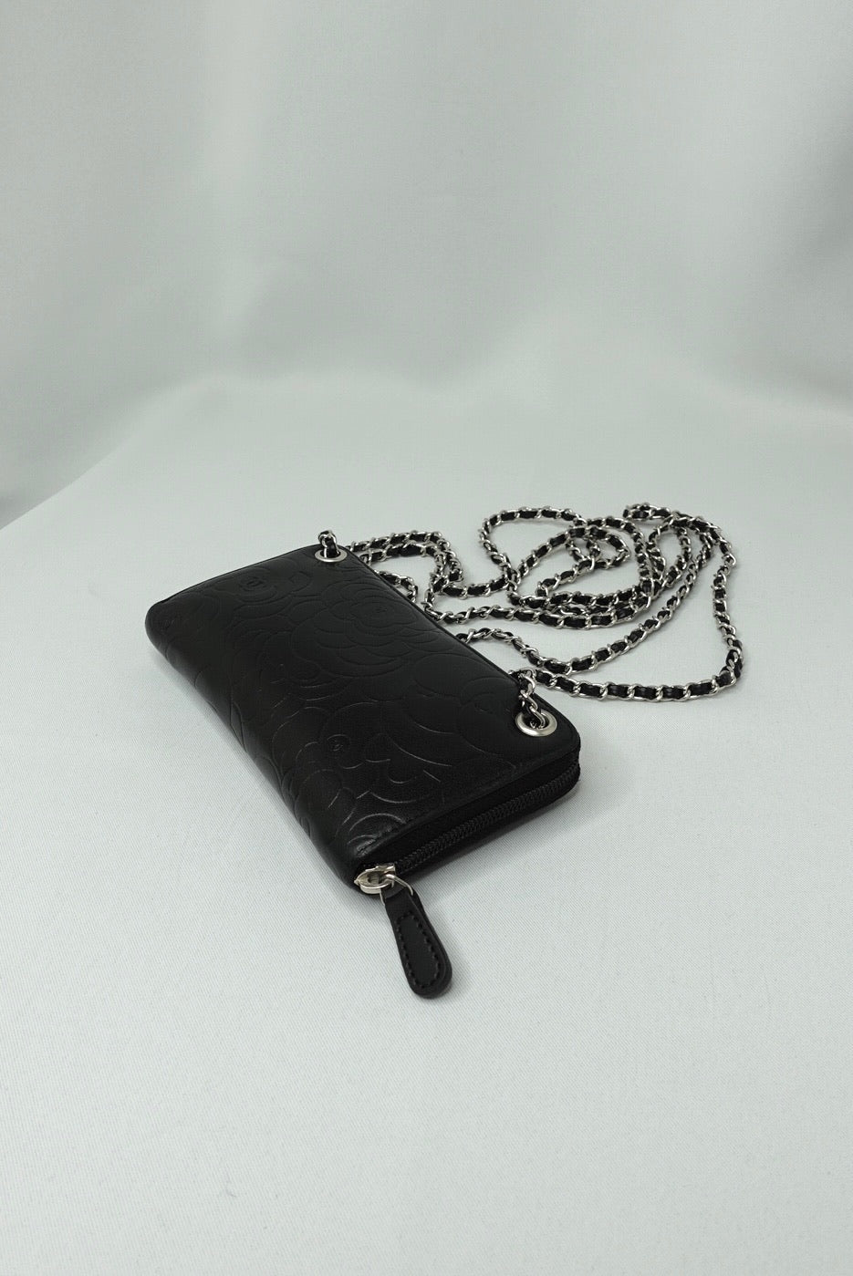 019. Re-Worked Chanel Zip Black W.O.C. Silver Hardware Limited Edition Camelia