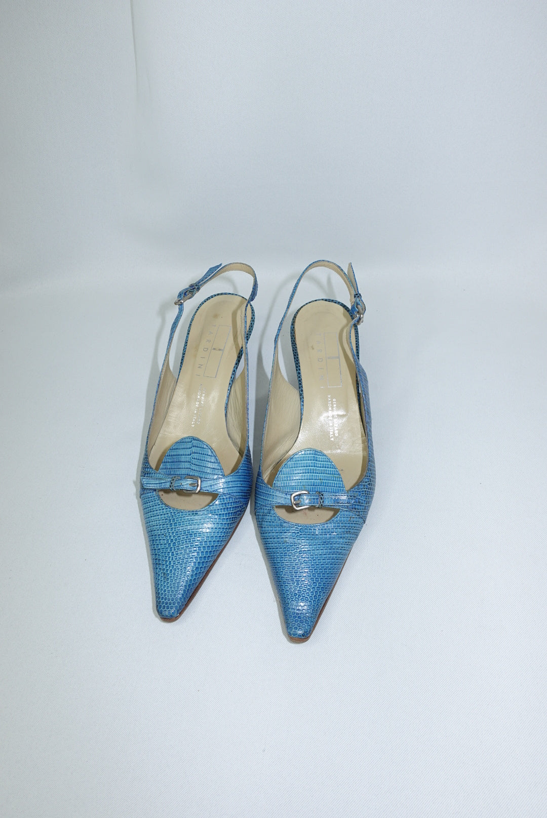 Cerulean Blue Vintage Pointed Toe Lizard Kitten Heels 37