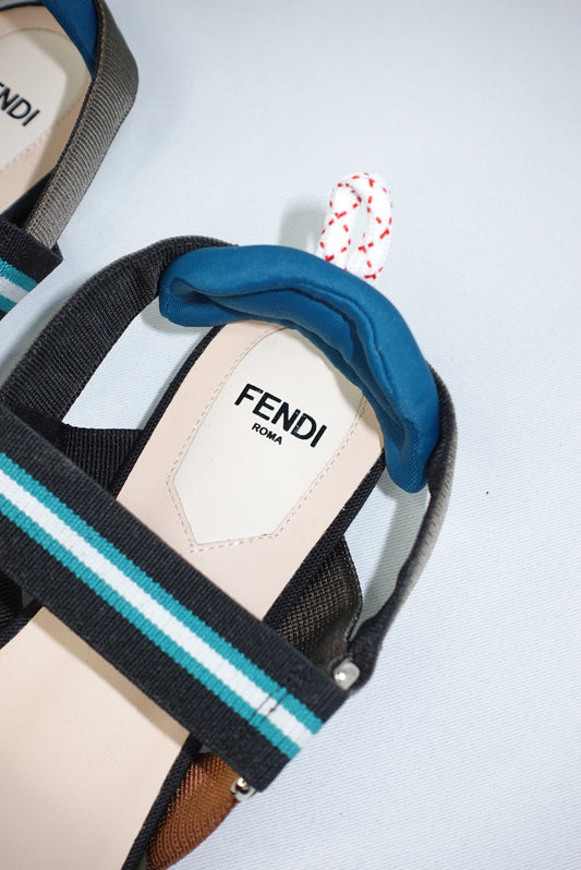 076. Fendi Colibri Mesh Pointed-Toe Blue and Green Ballerina Shoes 36