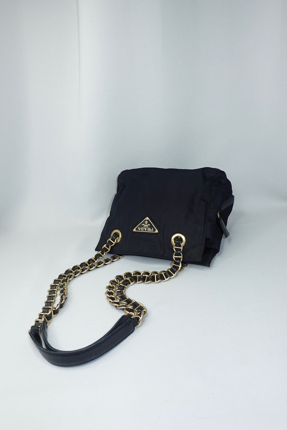 Prada Nylon Navy Gold Toned Chain Shoulder Bag